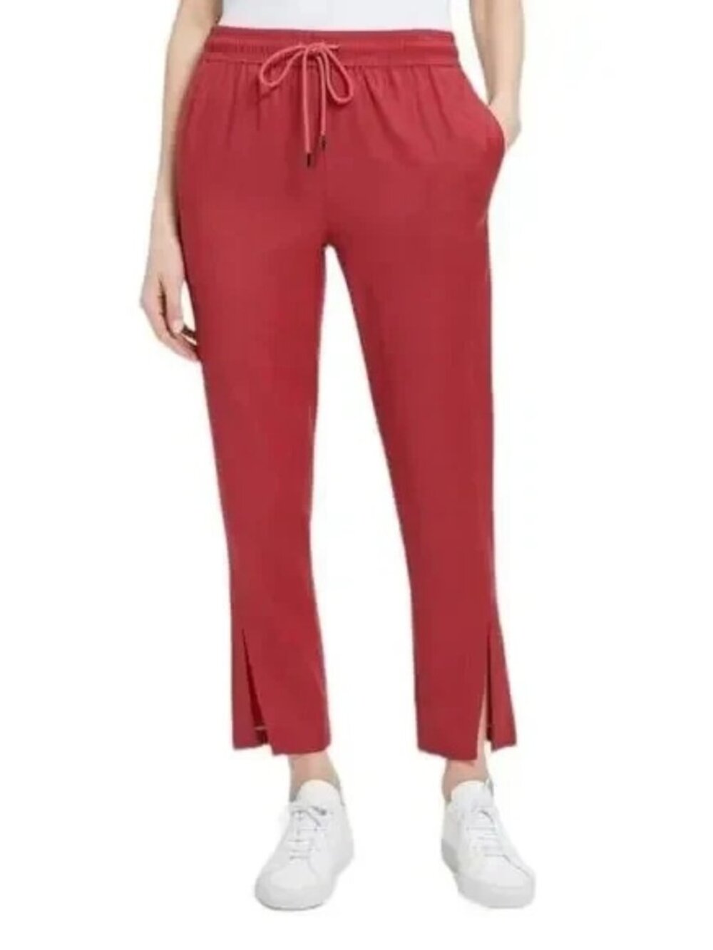 NWOT Theory Wool Slit Leg Cropped Pull On Elastic Waist Sleek Red Pants Size 0